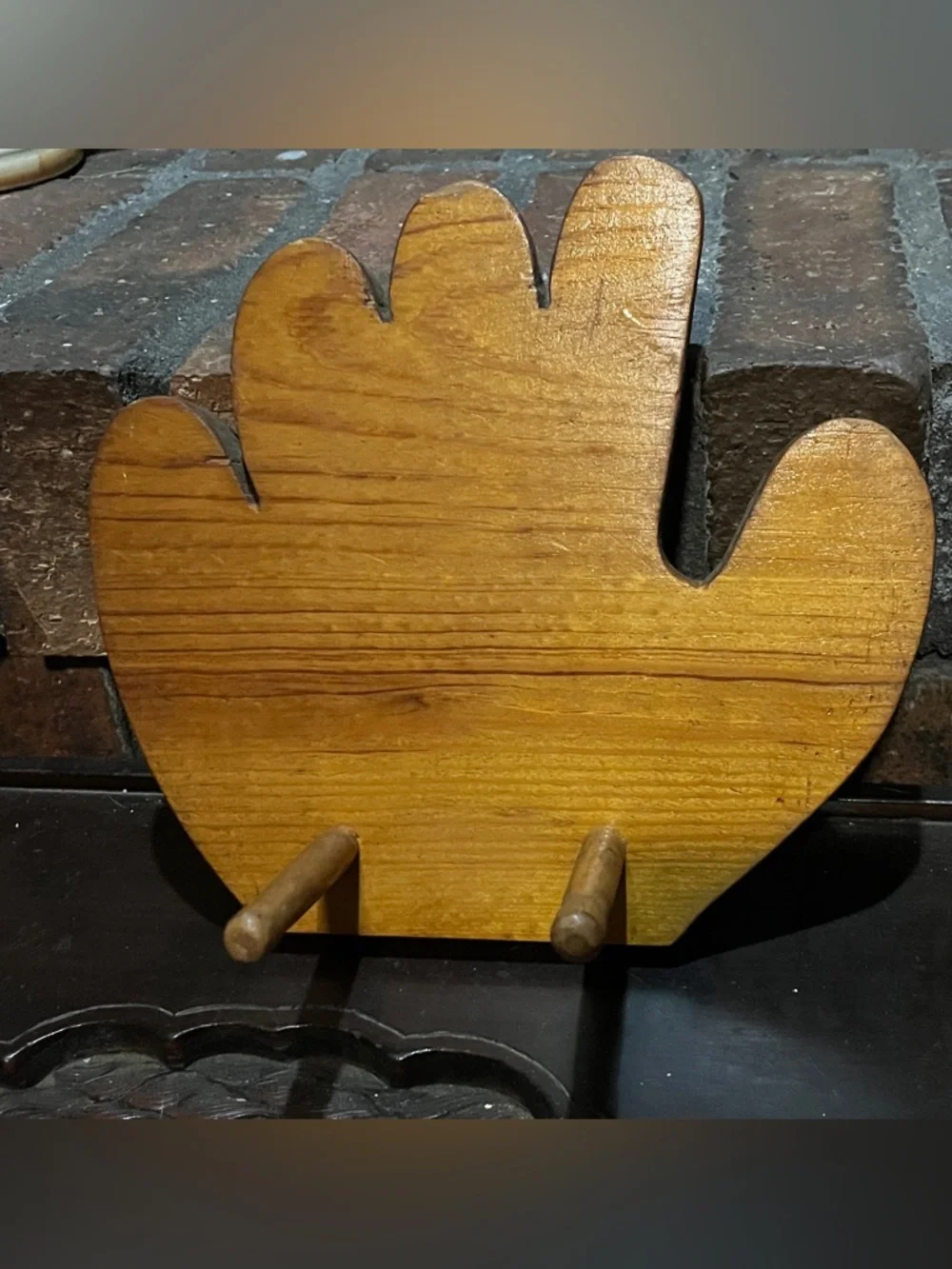Vintage Handmade “glove” Wooden Wall Hook Rack in Warm Amber Finish